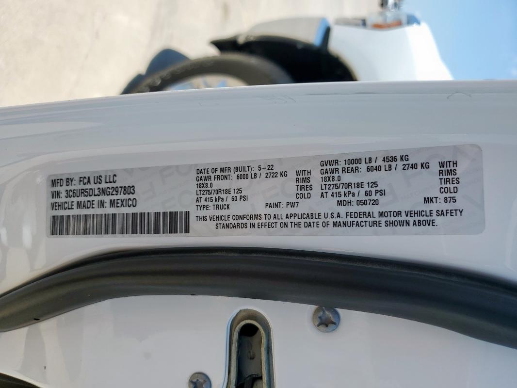 3C6UR5DL3NG297803 - 2022 RAM 2500 BIG HORN/LONE STAR WHITE photo 13