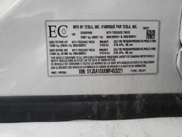 5YJSA1E6XMF453221 - 2021 TESLA MODEL S თეთრი ფოტო 12