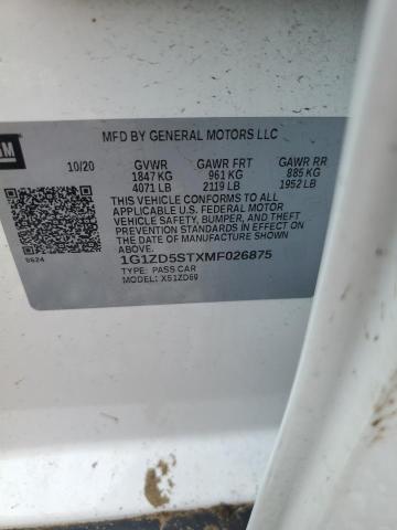 1G1ZD5STXMF026875 - 2021 CHEVROLET MALIBU LT 白色 照片 12