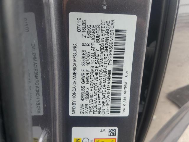 1HGCV1F11KA149486 - 2019 HONDA ACCORD LX ნაცრისფერი ფოტო 12