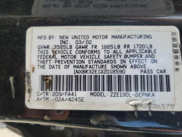 1NXBR32E13Z018590 - 2003 TOYOTA COROLLA CE BLACK photo 12