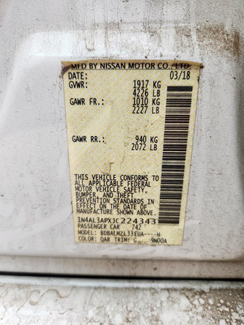 1N4AL3APXJC224343 - 2018 NISSAN ALTIMA 2.5 Beyaz fotoğraf 12