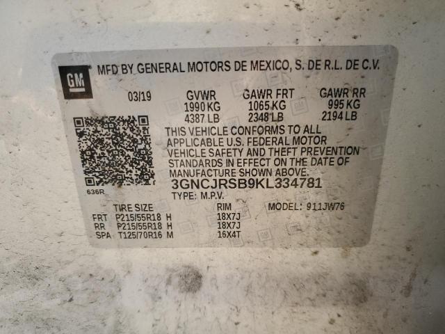 3GNCJRSB9KL334781 - 2019 CHEVROLET TRAX PREMIER SILVER photo 12