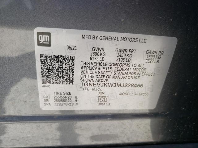 1GNEVJKW3MJ228466 - 2021 CHEVROLET TRAVERSE RS GRAY photo 12