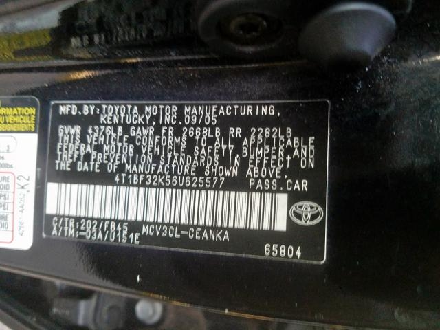 4T1BF32K56U625577 - 2006 TOYOTA CAMRY LE  photo 10