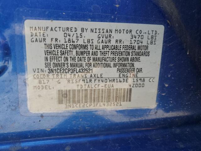 3N1CE2CP3FL432521 - 2015 NISSAN VERSA NOTE S BLUE photo 12