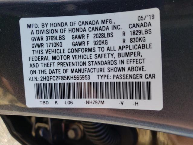 2HGFC2F85KH565953 - 2019 HONDA CIVIC SPORT GRAY photo 12