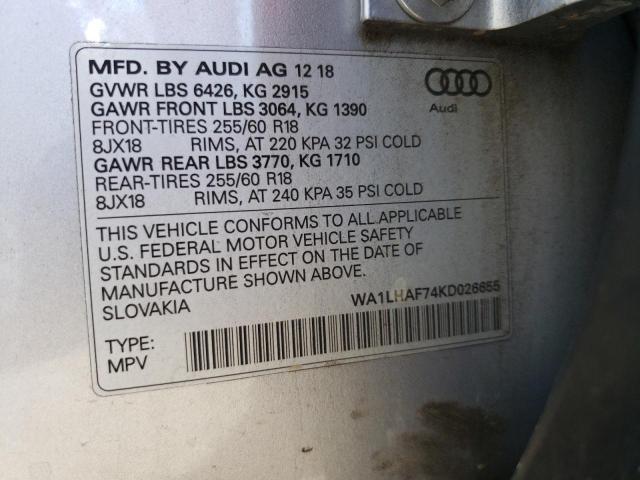 WA1LHAF74KD026655 - 2019 AUDI Q7 PREMIUM PLUS SILVER photo 13