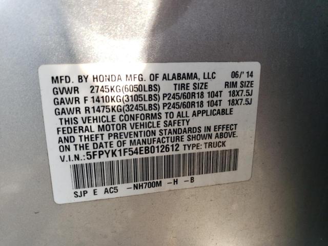 5FPYK1F54EB012612 - 2014 HONDA RIDGELINE RTL SILVER photo 12