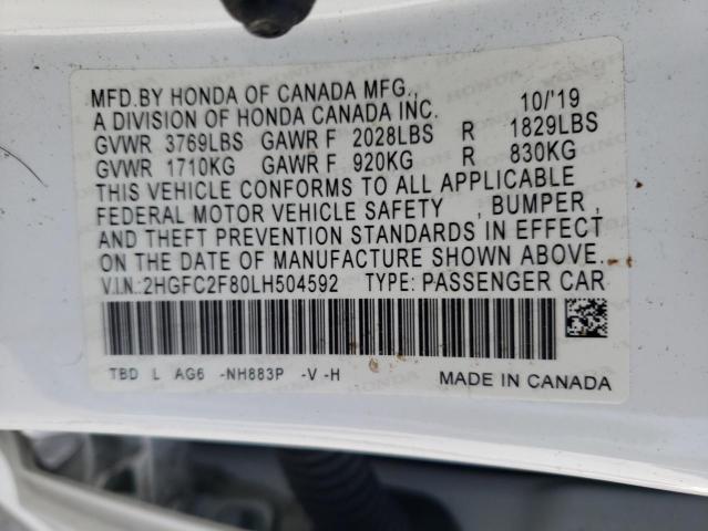 2HGFC2F80LH504592 - 2020 HONDA CIVIC SPORT 白色 照片 13