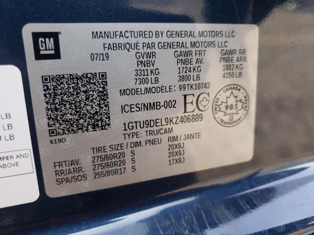 1GTU9DEL9KZ406889 - 2019 GMC SIERRA K1500 SLT BLUE photo 10