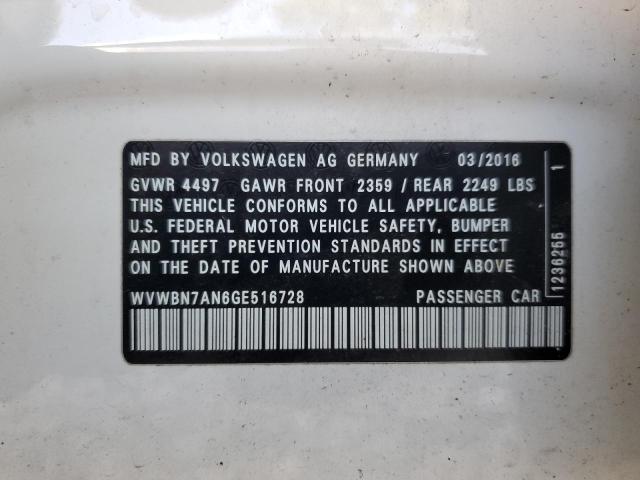 WVWBN7AN6GE516728 - 2016 VOLKSWAGEN CC BASE WHITE photo 12