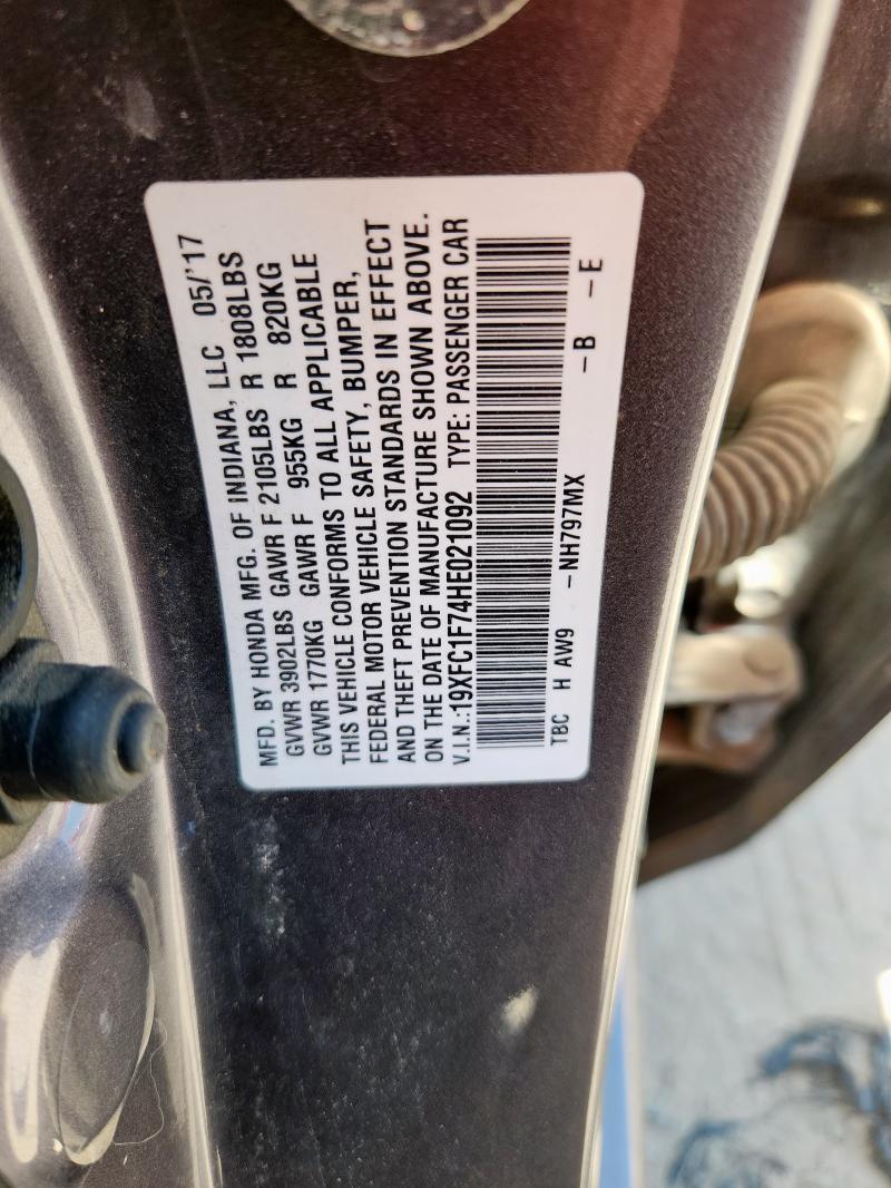 19XFC1F74HE021092 - 2017 HONDA CIVIC EXL GRAY photo 12