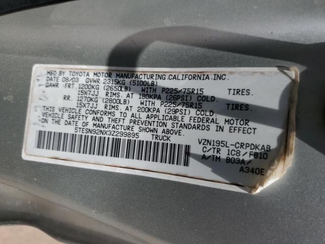 5TESN92NX3Z299895 - 2003 TOYOTA TACOMA XTRACAB PRERUNNER ნაცრისფერი ფოტო 12