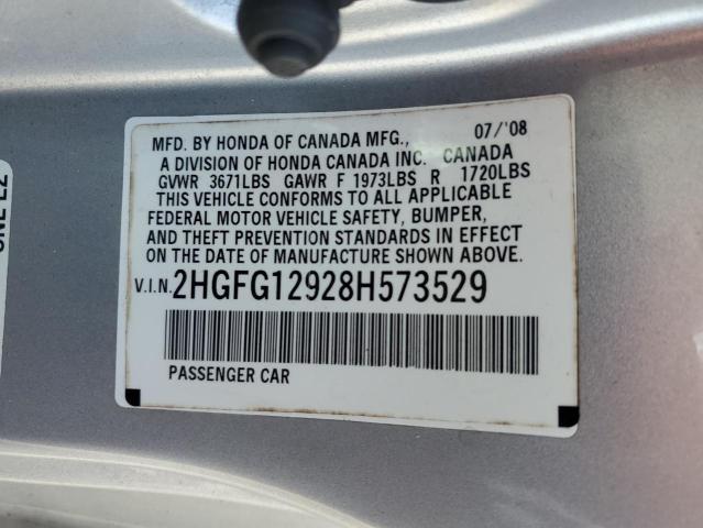 2HGFG12928H573529 - 2008 HONDA CIVIC EXL SILVER photo 12