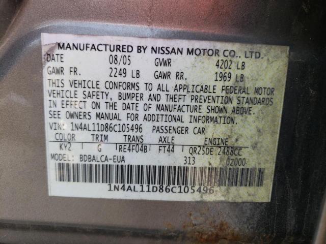 1N4AL11D86C105496 - 2006 NISSAN ALTIMA S GRAY photo 12