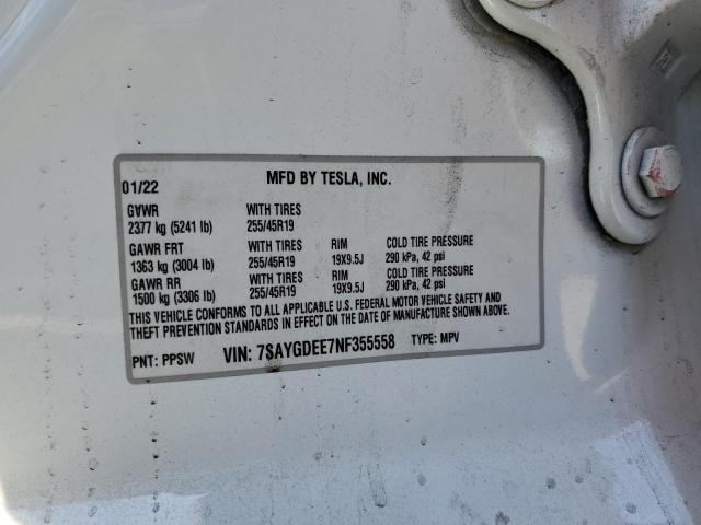 7SAYGDEE7NF355558 - 2022 TESLA MODEL Y WHITE photo 13