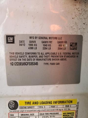 1G1ZC5EU6CF335345 - 2012 CHEVROLET MALIBU 1LT WHITE photo 12