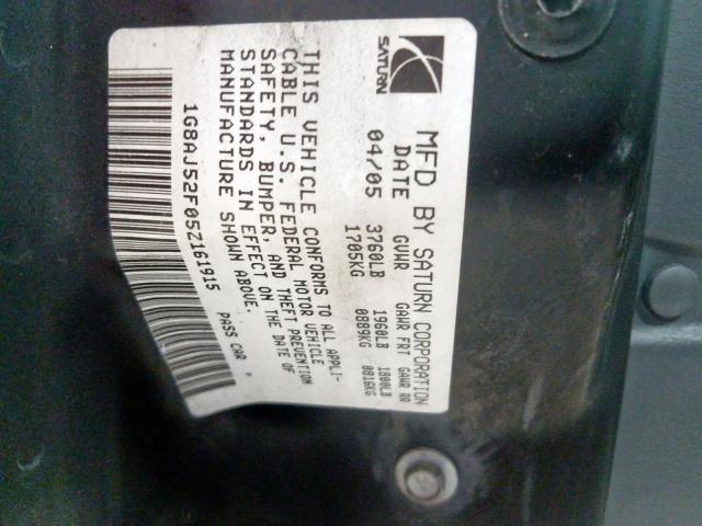 1G8AJ52F05Z161915 - 2005 SATURN ION LEVEL 2  照片 10