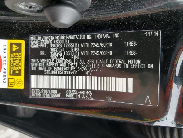 5TDJKRFH5FS105901 - 2015 TOYOTA HIGHLANDER XLE BLACK photo 13