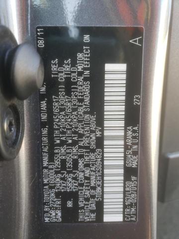 5TDBK3EH1CS094829 - 2012 TOYOTA HIGHLANDER BASE GRAY photo 13