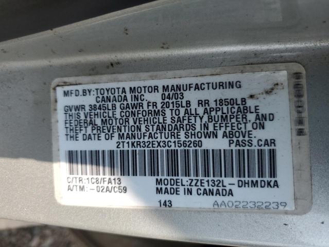 2T1KR32EX3C156260 - 2003 TOYOTA COROLLA MA XR SILVER photo 12