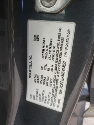 5YJ3E1EA8MF854022 - 2021 TESLA MODEL 3 Boz foto 12