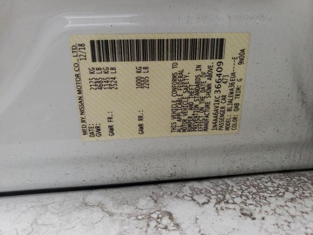 1N4AA6AV1KC366409 - 2019 NISSAN MAXIMA S WHITE photo 12