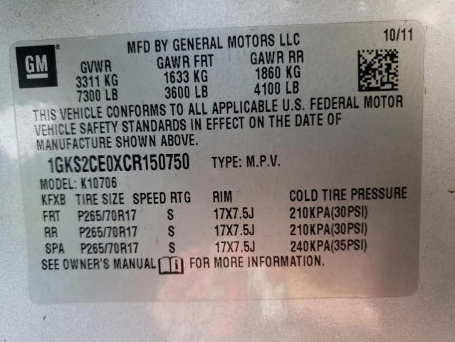 1GKS2CE0XCR150750 - 2012 GMC YUKON SLT SILVER photo 13