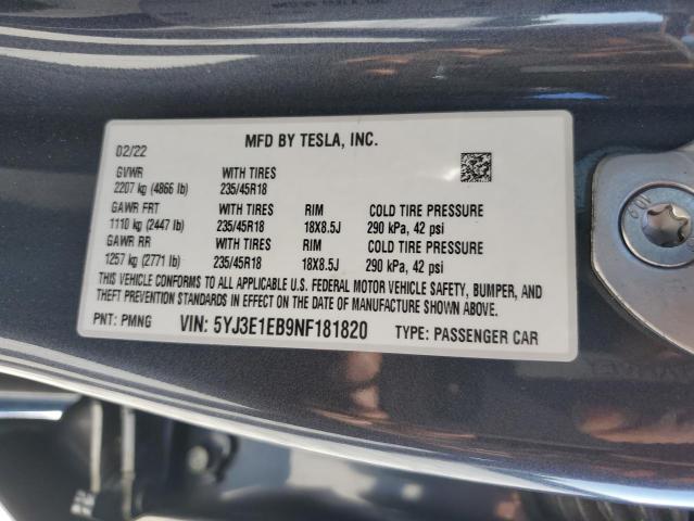 5YJ3E1EB9NF181820 - 2022 TESLA MODEL 3 GRAY photo 12