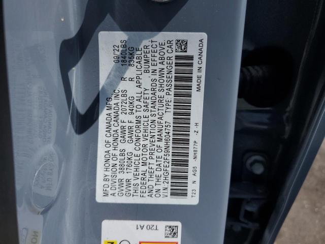 2HGFE2F59NH604757 - 2022 HONDA CIVIC SPORT 青色 照片 12