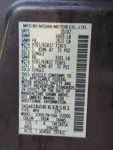 5N1AR18U58C638581 - 2008 NISSAN PATHFINDER S CHARCOAL photo 10