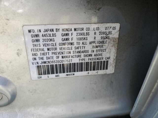 JHMCN36535C017527 - 2005 HONDA ACCORD HYBRID SILVER photo 13