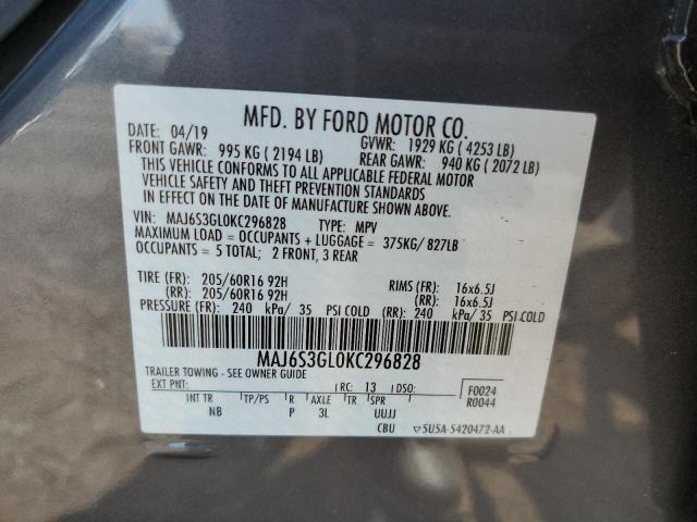 MAJ6S3GL0KC296828 - 2019 FORD ECOSPORT SE GRAY photo 14