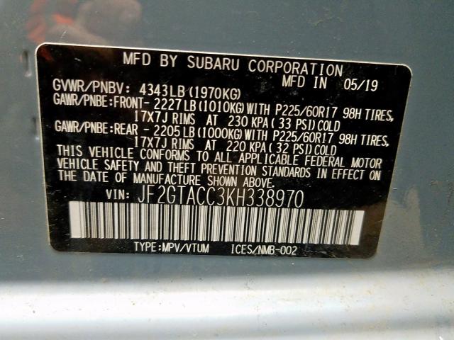 JF2GTACC3KH338970 - 2019 SUBARU CROSSTREK PREMIUM  ფოტო 10