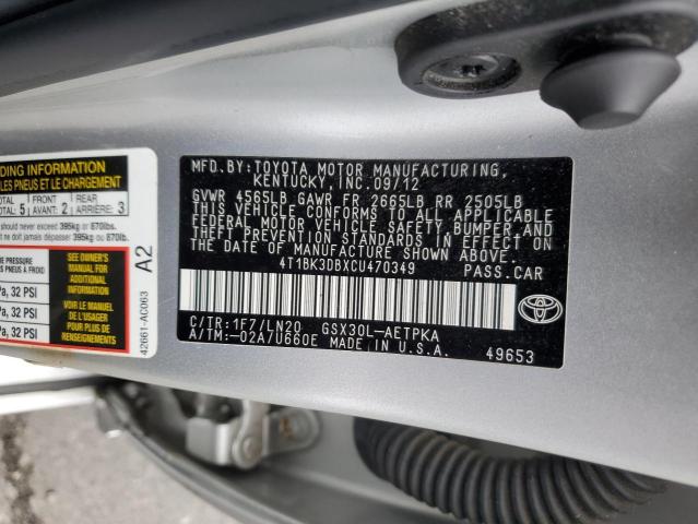 4T1BK3DBXCU470349 - 2012 TOYOTA AVALON BASE SILVER photo 13