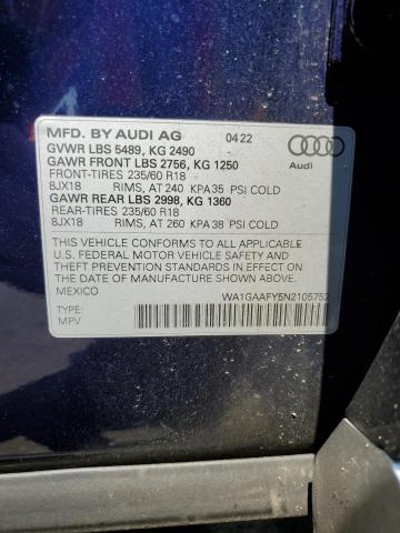 WA1GAAFY5N2105752 - 2022 AUDI Q5 PREMIUM 45 BLUE photo 14