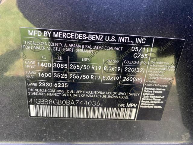 4JGBB8GB0BA744036 - 2011 MERCEDES-BENZ ML 350 4MATIC BLUE photo 10