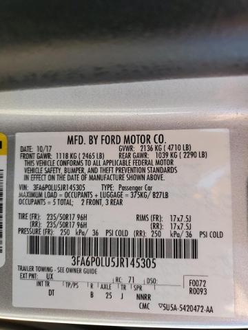 3FA6P0LU5JR145305 - 2018 FORD FUSION SE HYBRID SILVER photo 12