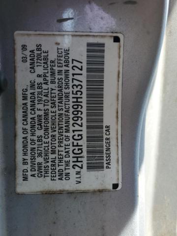 2HGFG12999H537127 - 2009 HONDA CIVIC EXL SILVER photo 12