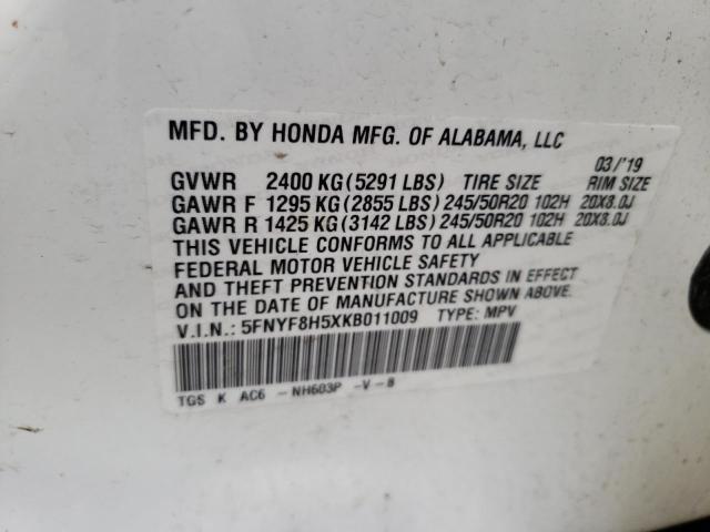 5FNYF8H5XKB011009 - 2019 HONDA PASSPORT EXL أبيض صورة 13