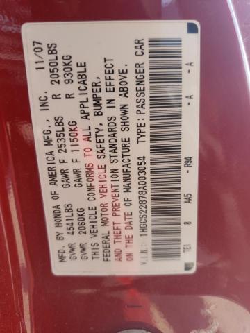 1HGCS22878A003054 - 2008 HONDA ACCORD EXL RED photo 12