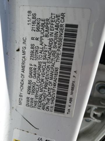 1HGCV1F14KA018245 - 2019 HONDA ACCORD LX 白色 照片 12