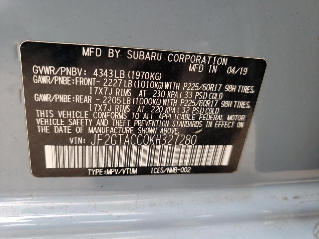 JF2GTACC0KH327280 - 2019 SUBARU CROSSTREK PREMIUM 蓝色 照片 10