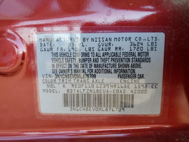 3N1CN8EV0ML876709 - 2021 NISSAN VERSA SV RED photo 12