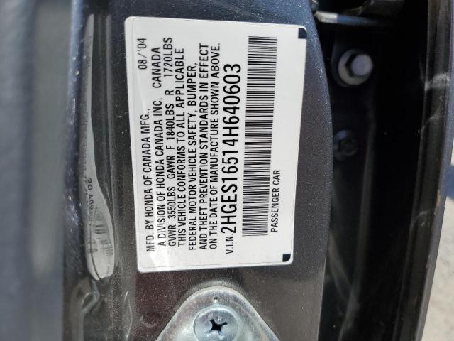 2HGES16514H640603 - 2004 HONDA CIVIC LX GRAY photo 12