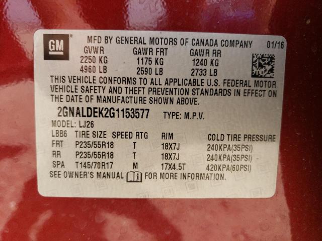 2GNALDEK2G1153577 - 2016 CHEVROLET EQUINOX LTZ RED photo 13