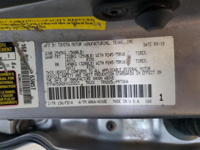 5TFAX5GN2KX133223 - 2019 TOYOTA TACOMA DOUBLE CAB Srebrny zdjęcie 13