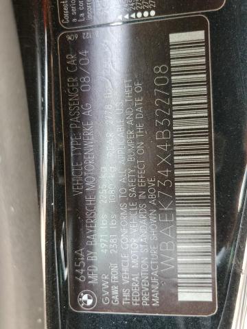 WBAEK734X4B322708 - 2004 BMW 645 CI AUTOMATIC 黑色 照片 12