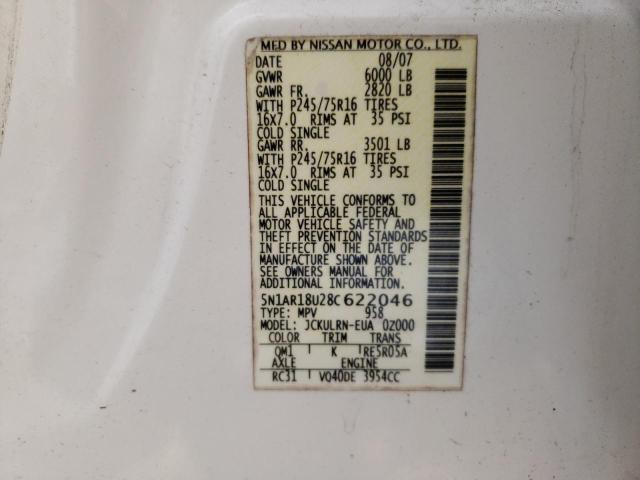 5N1AR18U28C622046 - 2008 NISSAN PATHFINDER S WHITE photo 13